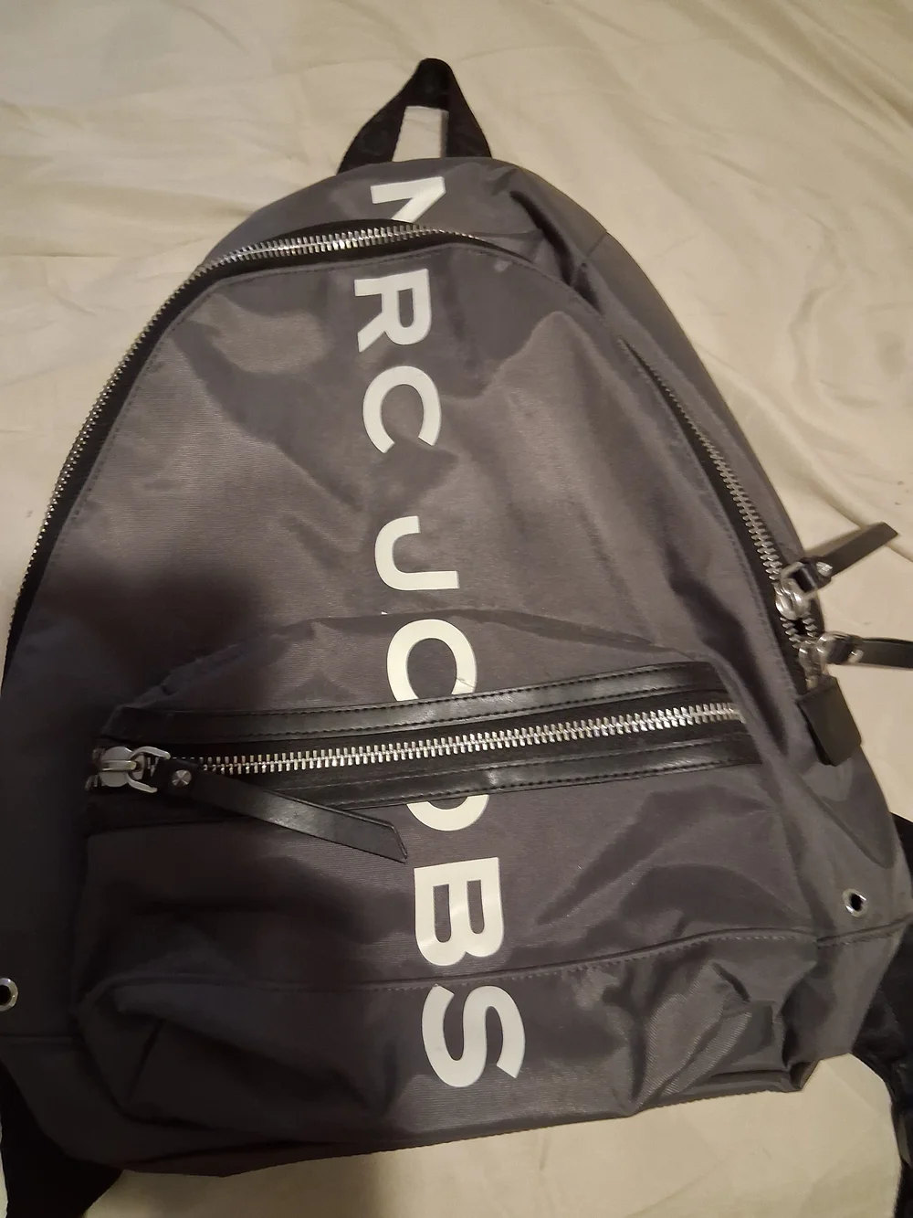 Marc Jacobs Gray Nylon Logo Backpack with White Lettering